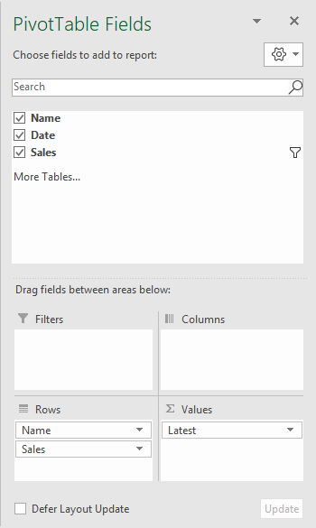 Pivot table latest values - field configuration