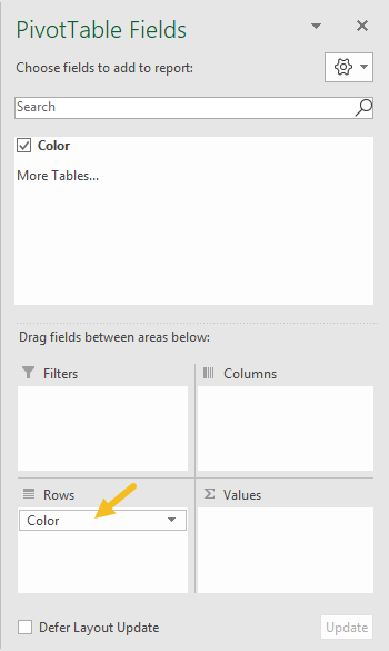 Pivot table list unique values fields