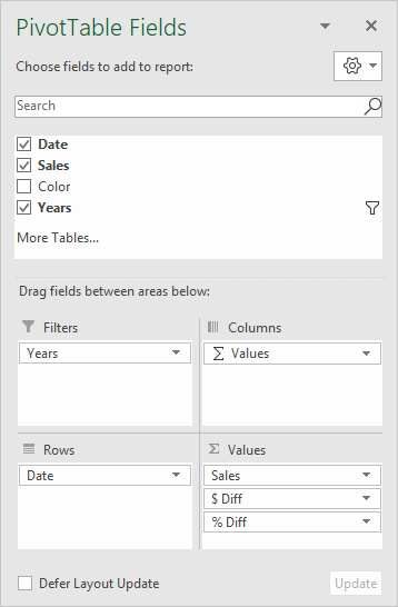 Month over month pivot table field list