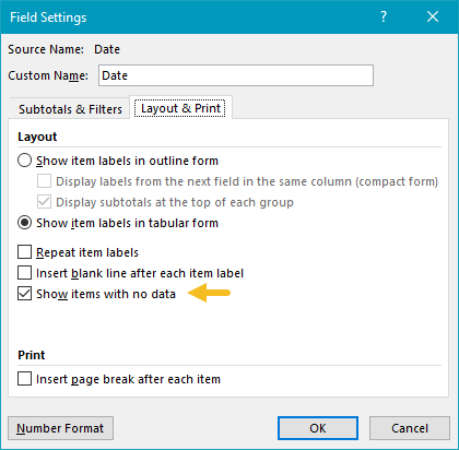 Check "Show items with no data" for Date field