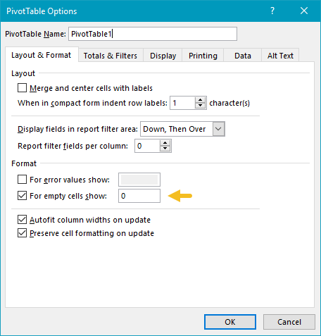 Pivot table options - enter zero for items with no data