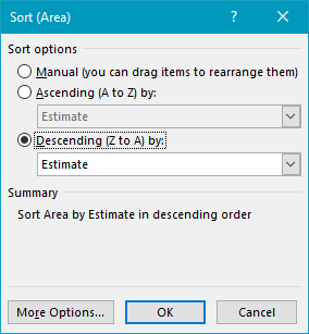 Sort options for Area field