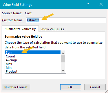 Cost value settings, renamed "Estimate"