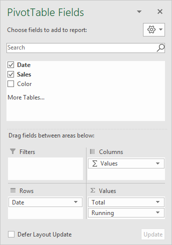 Field list for running total pivot table