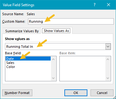 Running total field settings