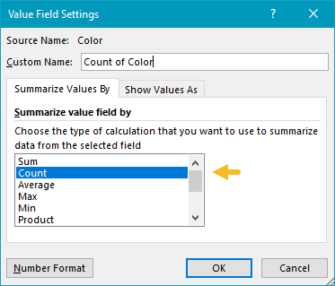 Pivot table two-way count value field settings