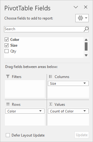 Pivot table two-way count Field list