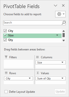 Pivot table two-way sum Field list