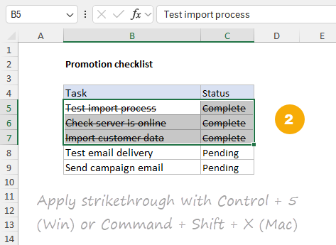 Step 2: Apply strikethrough with Control + 5 (Win) or Command + Shift + X (Mac)