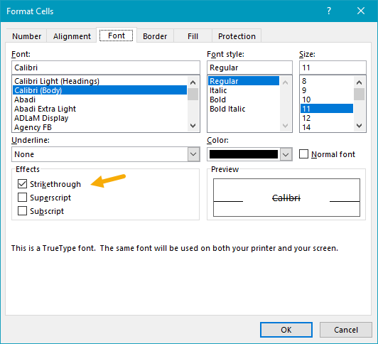 Format cells window with Strikethrough option enabled