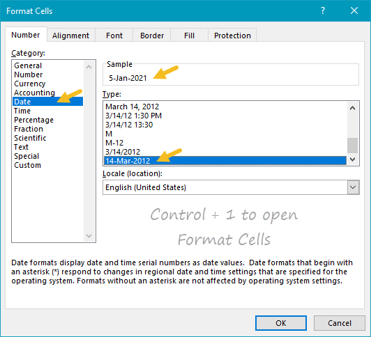 Formatting a date with Format Cells dialog box