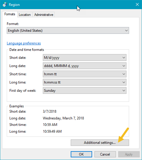Windows advanced regional settings button