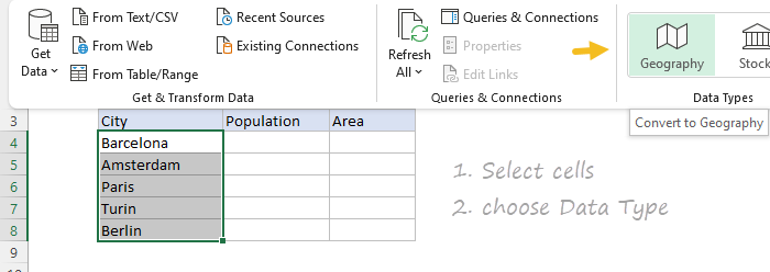 Select cells and choose Data Type