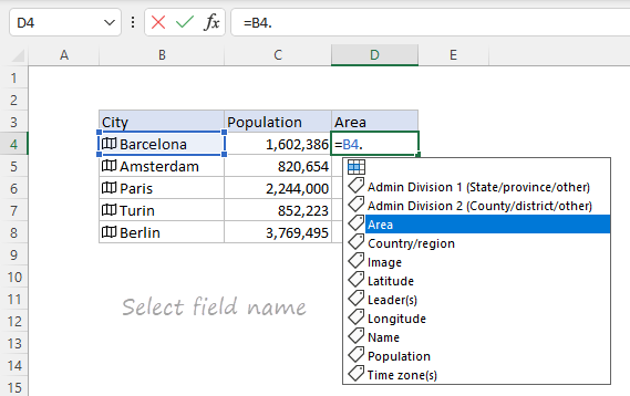 Select field name for data type