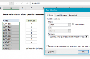 Excel formula: Data validation specific characters only