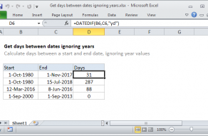 Excel formula: Get days between dates ignoring years