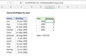 Excel formula: Count birthdays by year