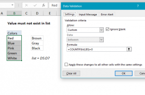 Excel formula: Data validation must not exist in list