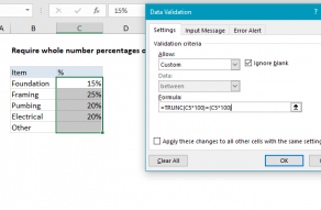 Excel formula: Data validation whole percentage only