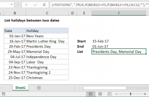 Excel formula: List holidays between two dates