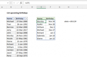 Excel formula: List upcoming birthdays