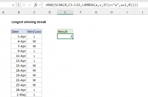 Excel formula: Longest winning streak