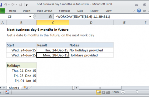 Excel formula: Next business day 6 months in future