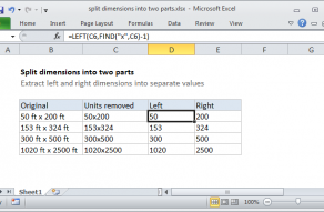 Excel formula: Split dimensions into two parts