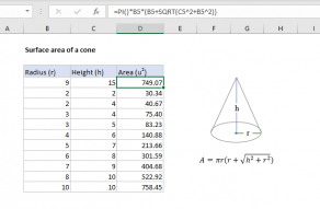 Excel formula: Surface area of a cone