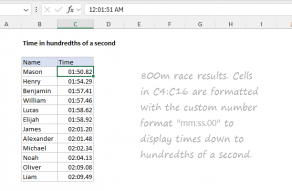 Excel formula: Time in hundredths of a second