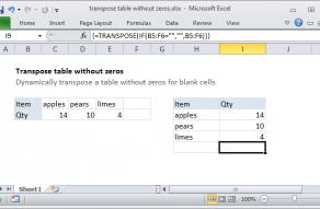 Excel formula: Transpose table without zeros