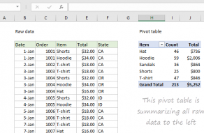 Example of Excel Pivot Table together with raw data