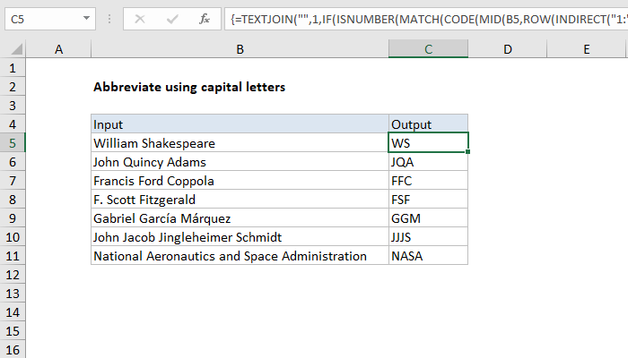 Excel formula: Abbreviate names or words