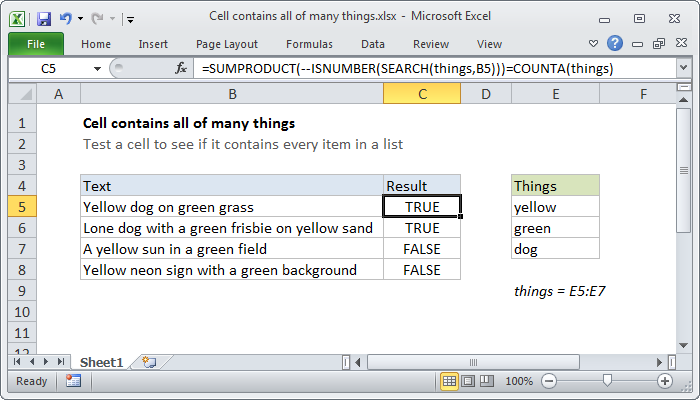 Excel formula: Cell contains all of many things