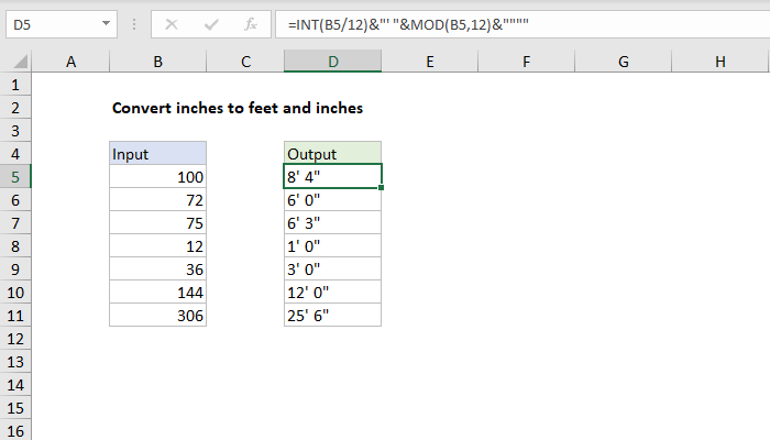 Excel formula: Convert inches to feet and inches | Exceljet