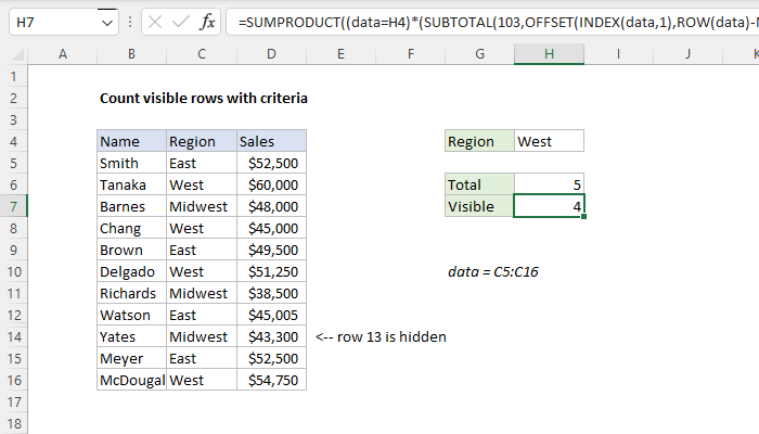 Excel formula: Count visible rows with criteria