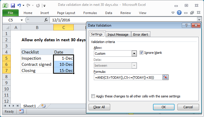 Excel formula: Data validation date in next 30 days