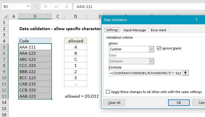 Excel formula: Data validation specific characters only Excel formula: Data validation specific characters only