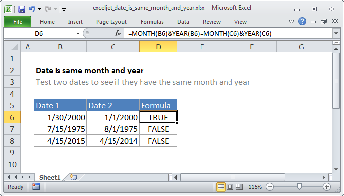 Excel formula: Date is same month and year