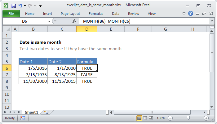 Excel formula: Date is same month Excel formula: Date is same month