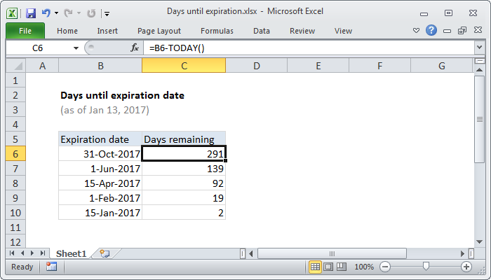 Excel formula: Days until expiration date