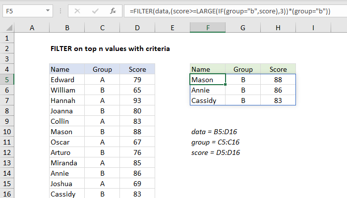 Excel formula: FILTER on top n values with criteria