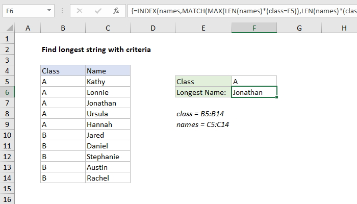 Excel formula: Find longest string with criteria Excel formula: Find longest string with criteria