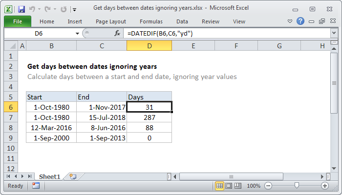 Excel formula: Get days between dates ignoring years