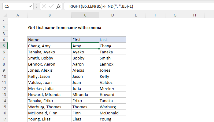 Excel formula: Get first name from name with comma Excel formula: Get first name from name with comma