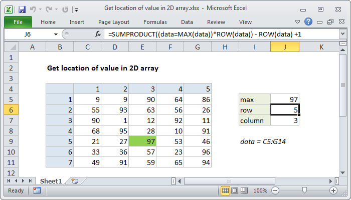 Excel formula: Get location of value in 2D array