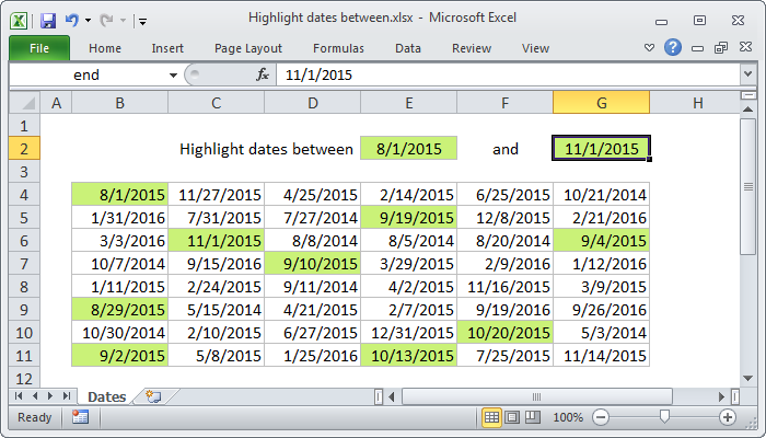 cells excel format auto Exceljet Highlight dates between  Excel formula: