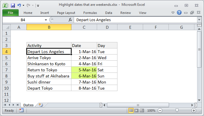 Excel formula: Highlight dates that are weekends