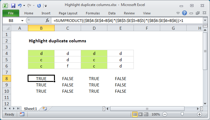 Excel formula: Highlight duplicate columns Excel formula: Highlight duplicate columns