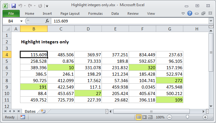 Excel formula: Highlight integers only